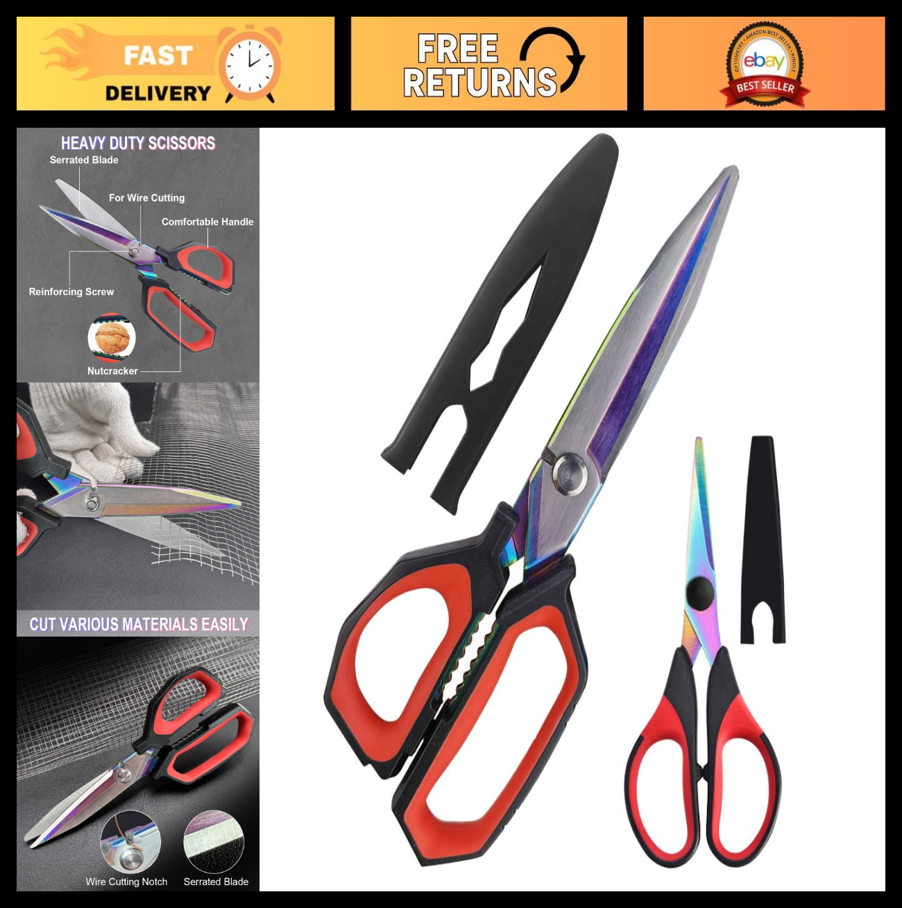 Heavy Duty 9.5" Scissors with Titanium Coating, Comfort Grip Industrial Shears f