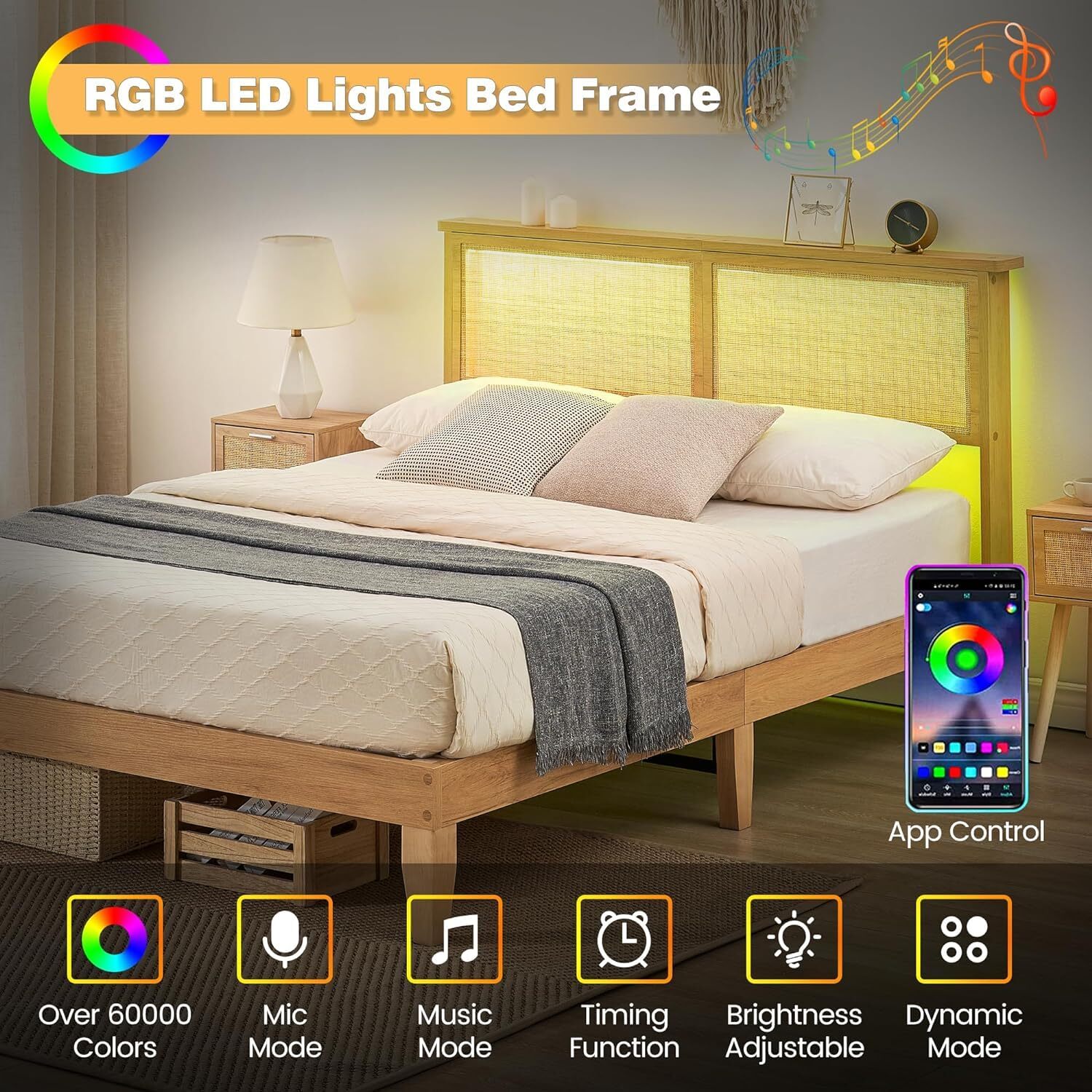 Queen Size Bed Frme W/Rttn Hedbord nd LED Lights Rttn Bed Frme Woode