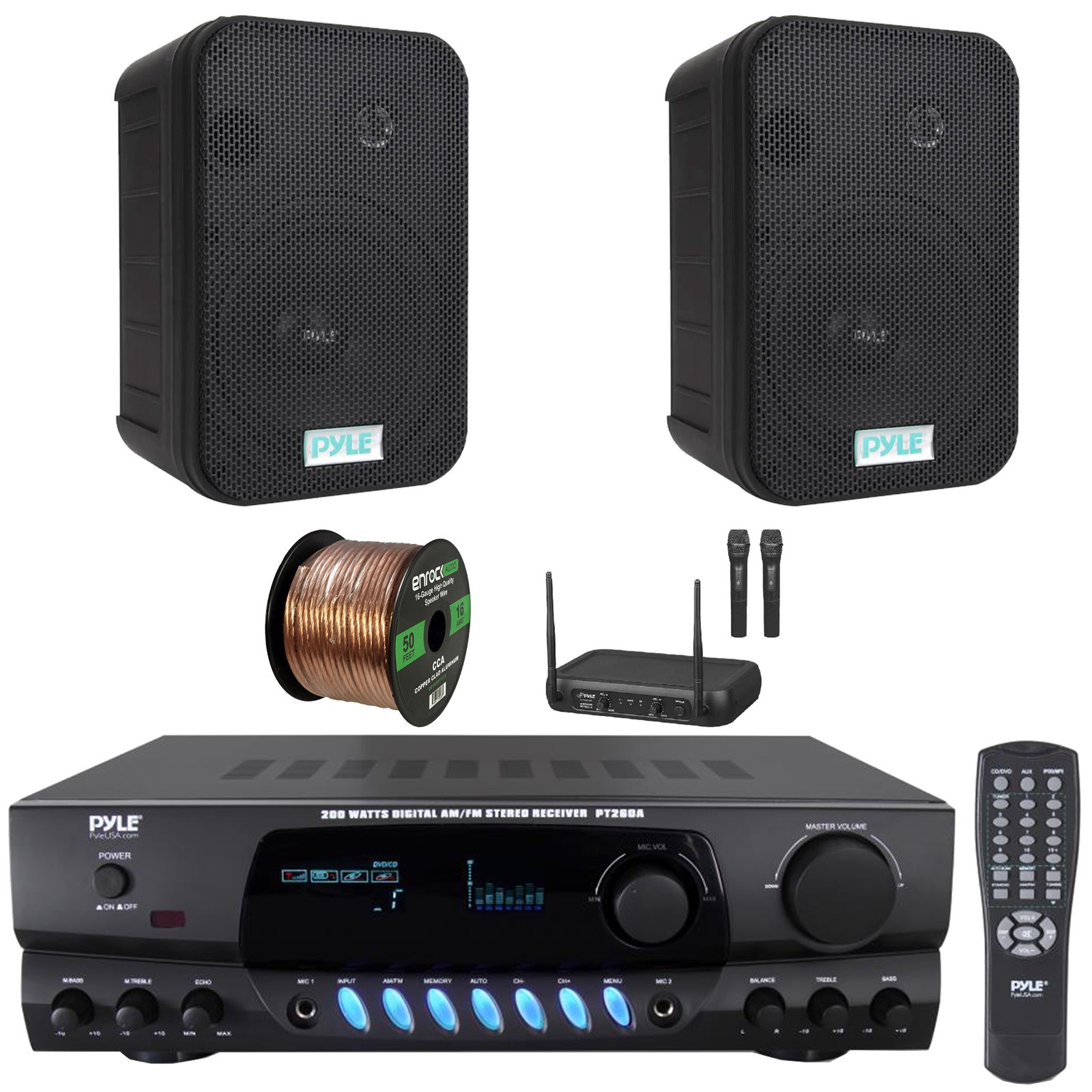 Pyle PT260A AM/FM Stereo Home Receiver, 2x 6.5'' 500W Black Speakers, Mic System