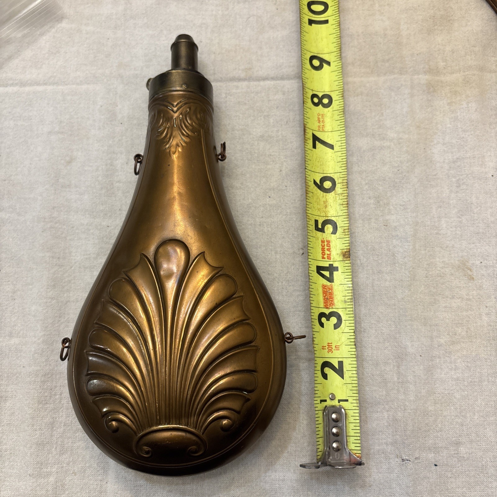 Antique Copper & Brass Black Powder Flask – Floral Shell Embossed