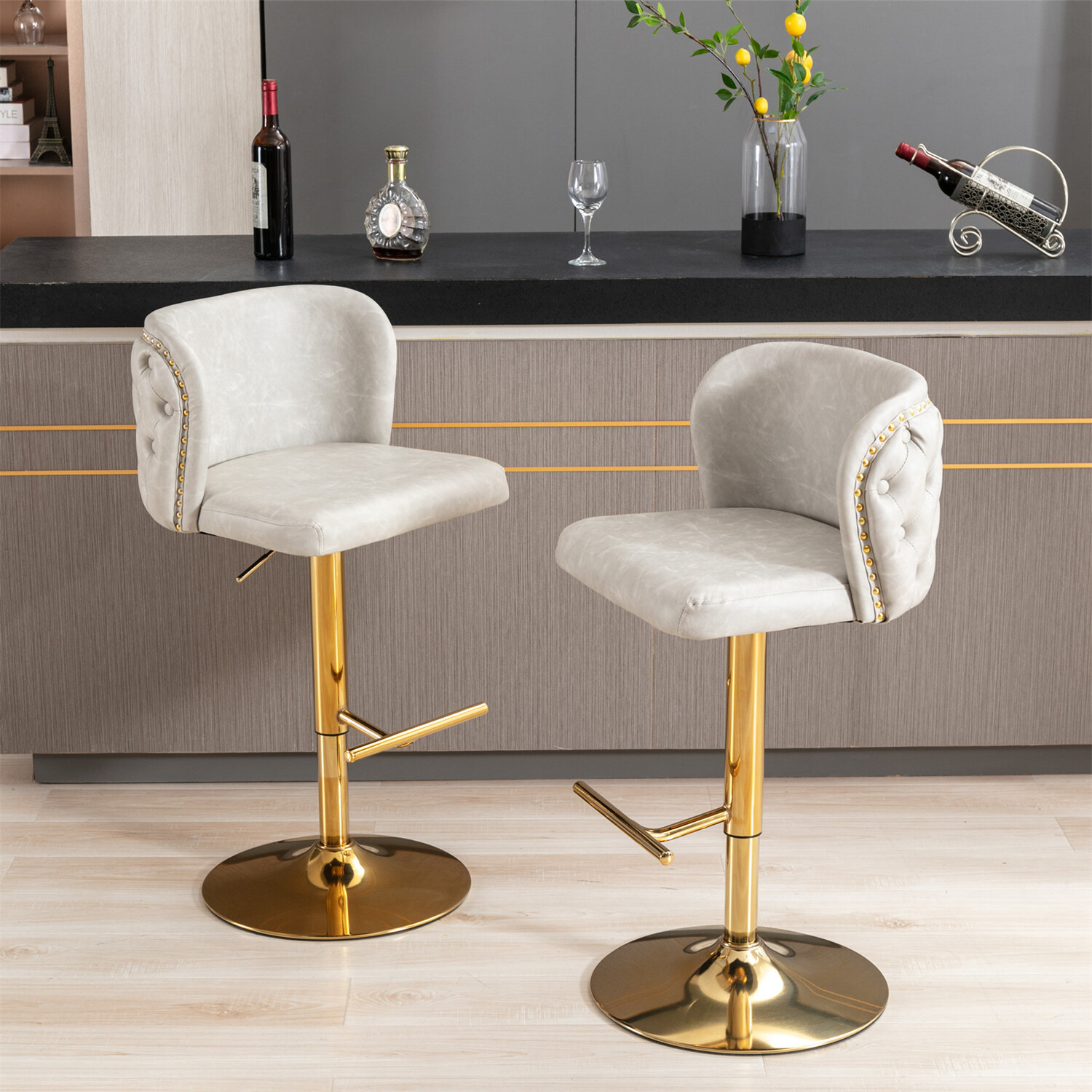 Swivel Bar Stool Set of 2 Counter Height Adjustable Leather Dining Chair