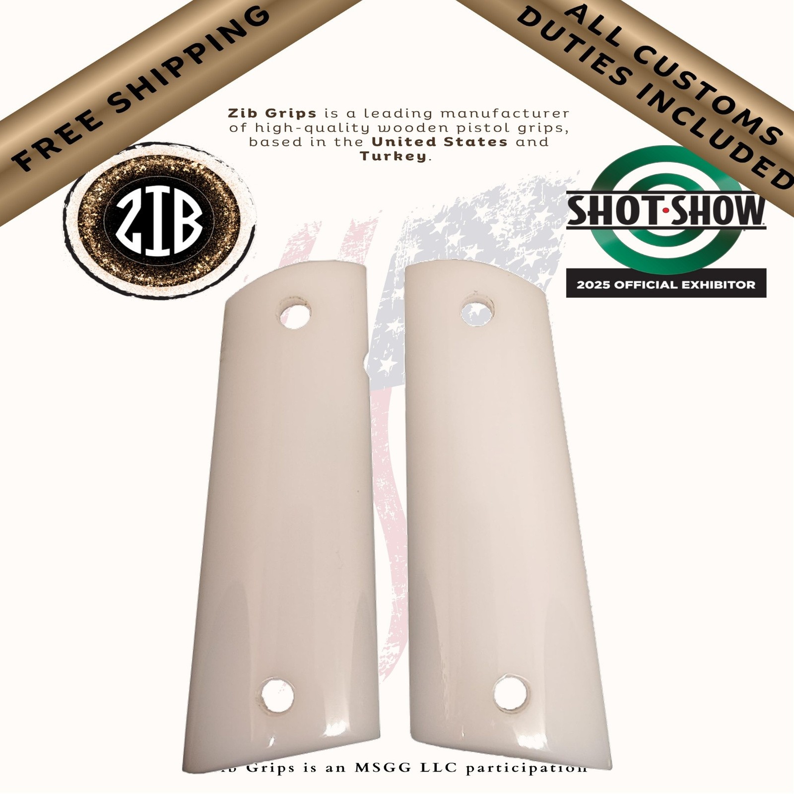 1911 Wooden Pistol Grips, Synthetic Black&White Pearl Ambi Safety Cut Full Size