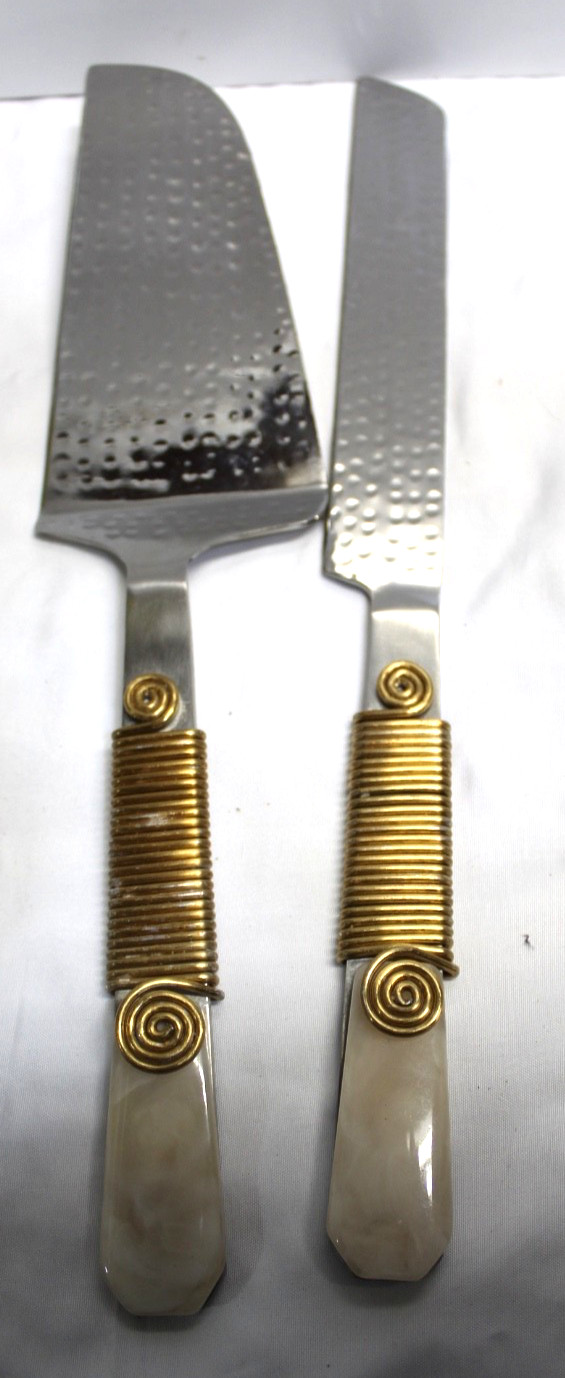 Stainless Steel Serving Knife and Serving Spatula  Hammered Metal Gold Accents