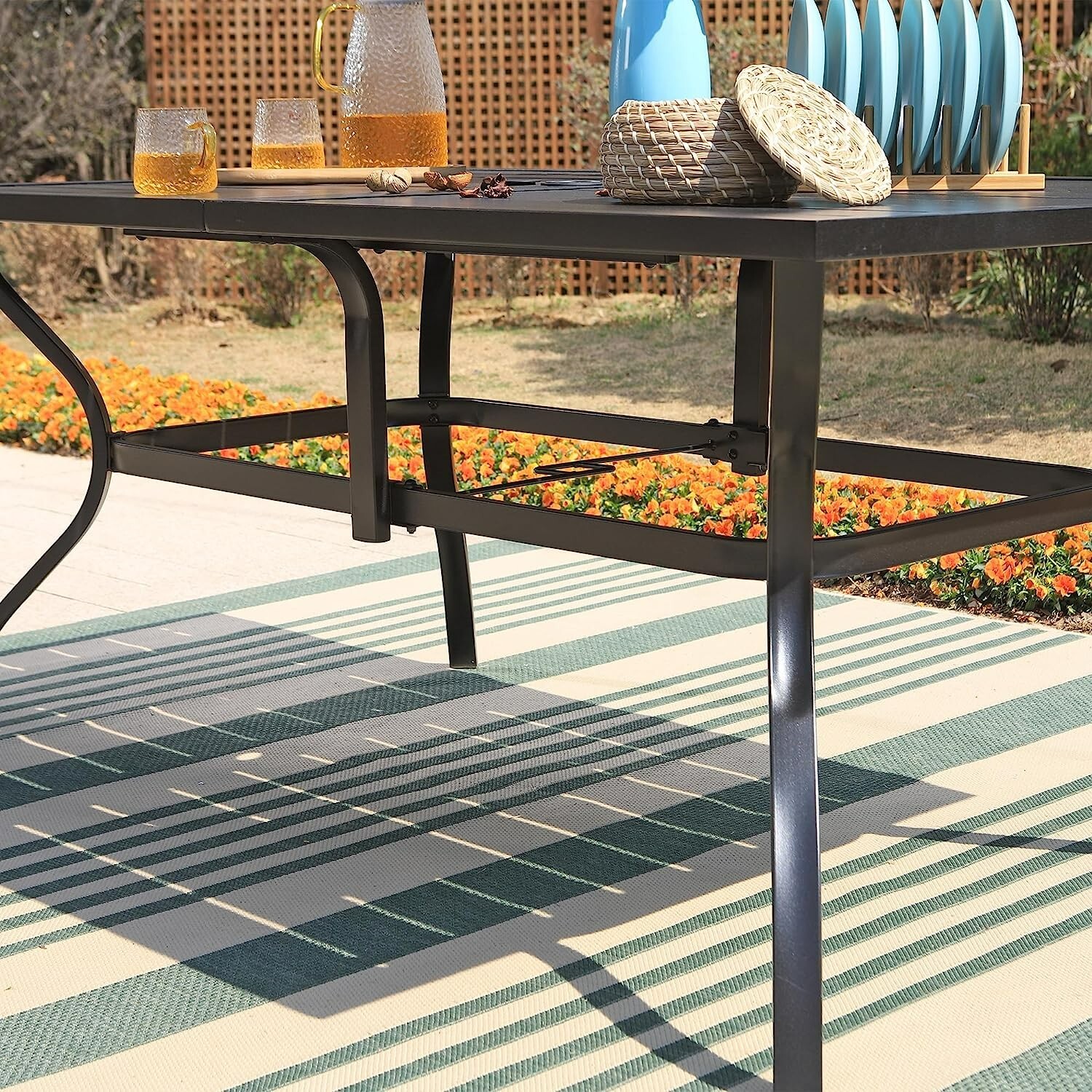 PHI VILLA Patio Dining Table for 6 Person Outdoor Table with Umbrella Hole Black