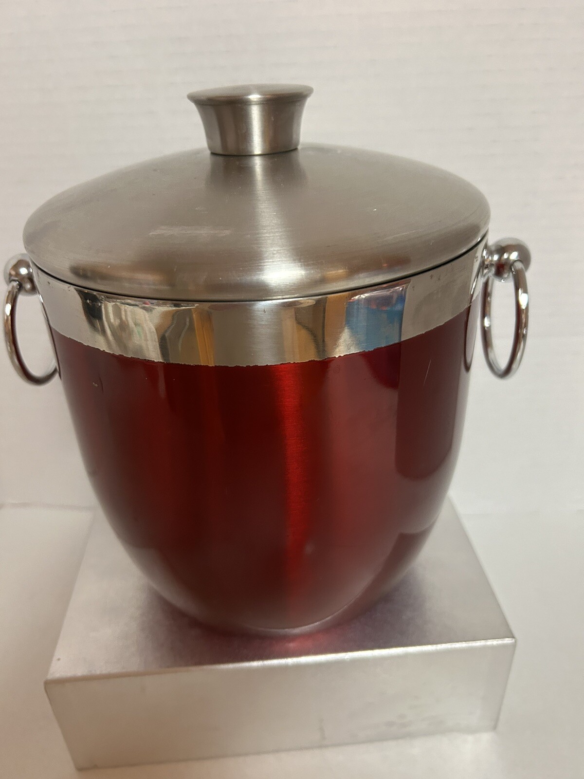 Oggi Double Wall Ice Bucket Red Stainless Steel With Ice Tongs And Drainer