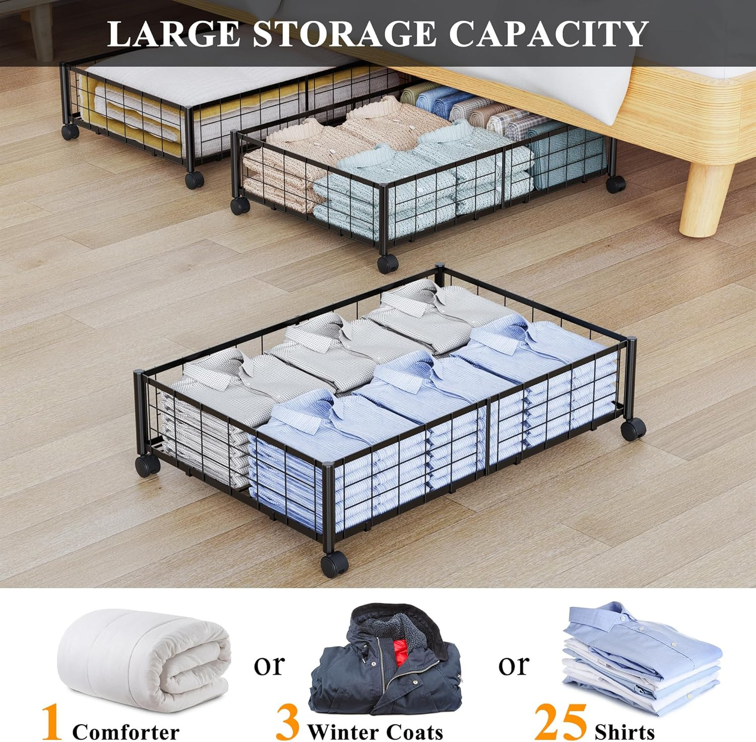 under Bed Storage with Wheels, 360° Rotating, No-Assembly Underbed Storage Conta