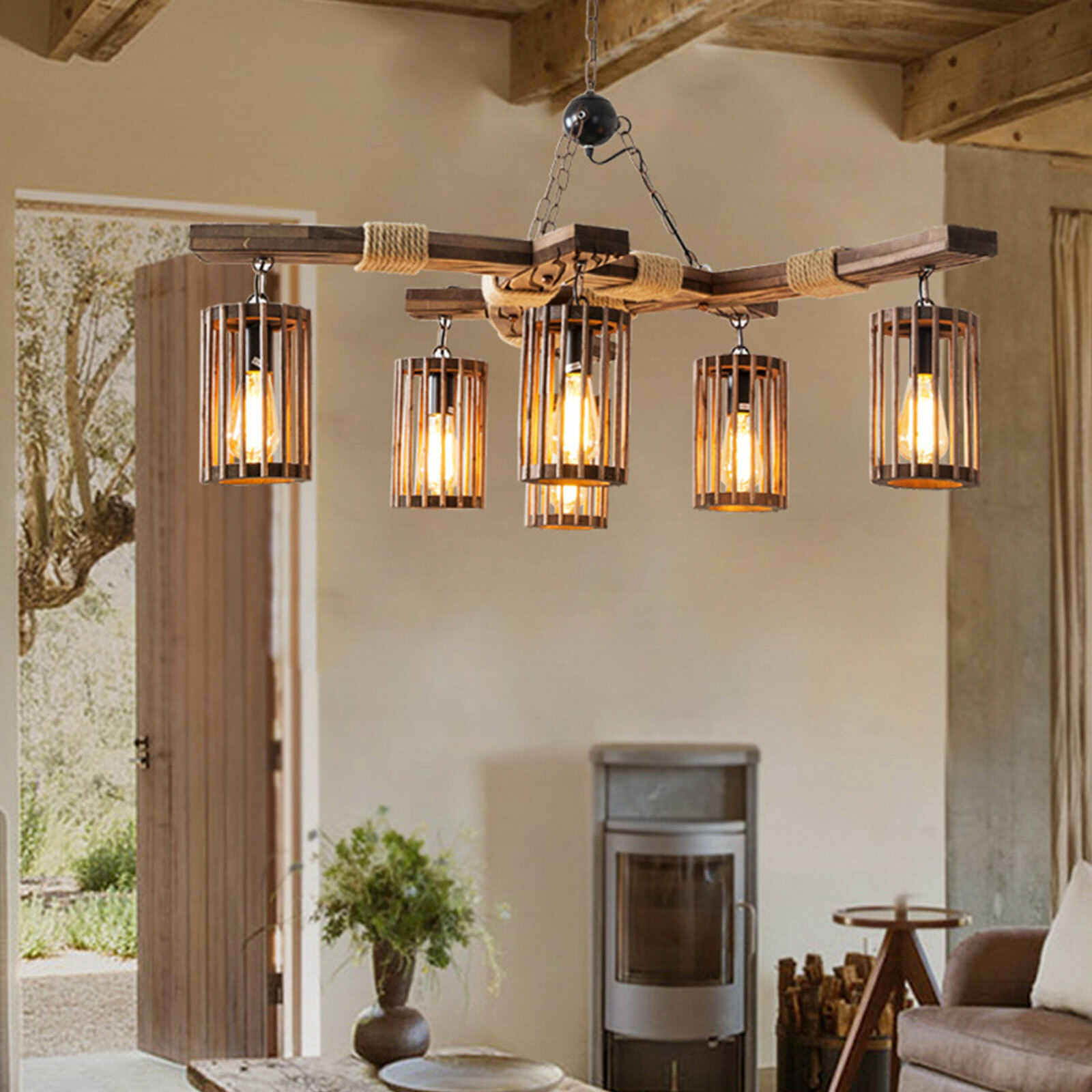 Farmhouse Chandelier Ceiling Fixture Wood Pendant Lamp Island Light Home/Kitchen