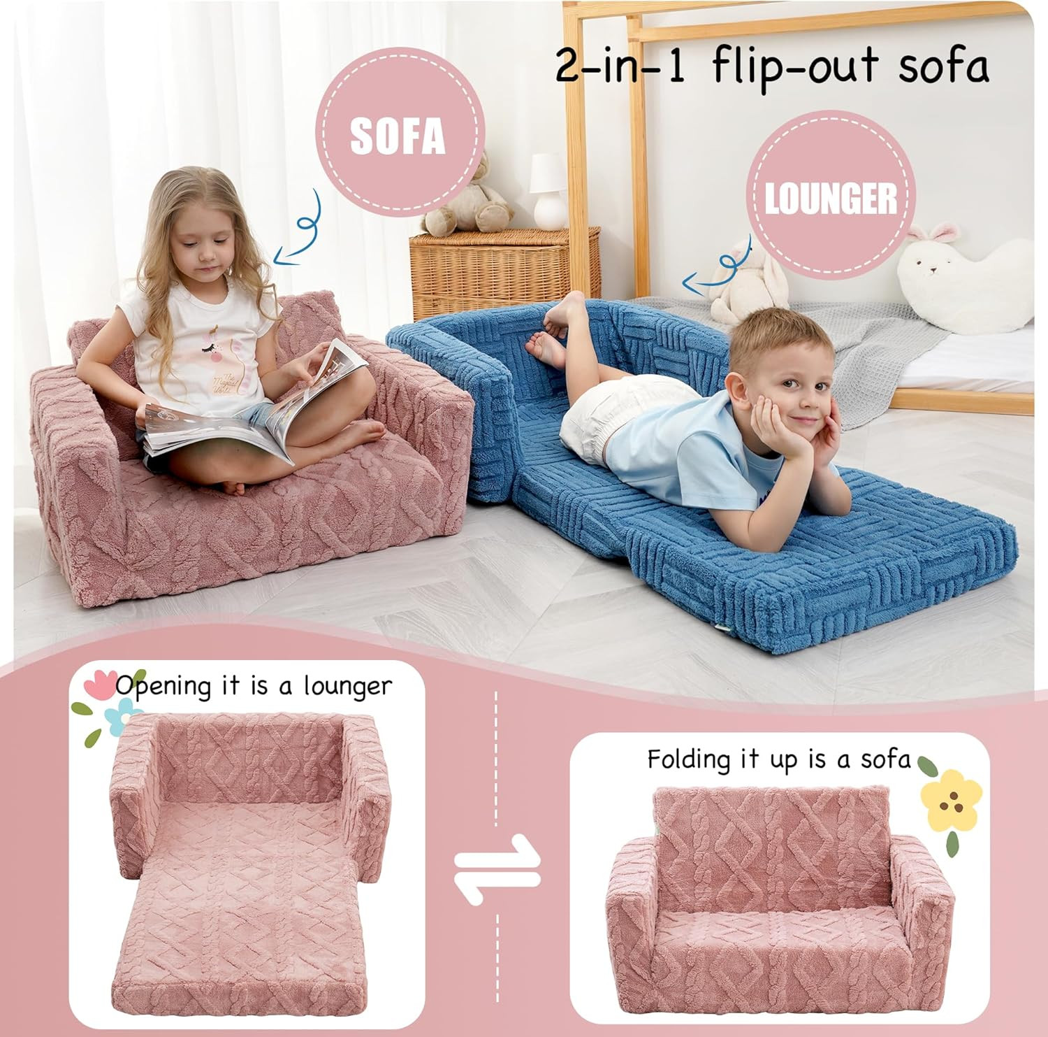 Pink 2-in-1 Toddler Couch: Soft Flannel Fold-Out Sofa & Lounger for Kids