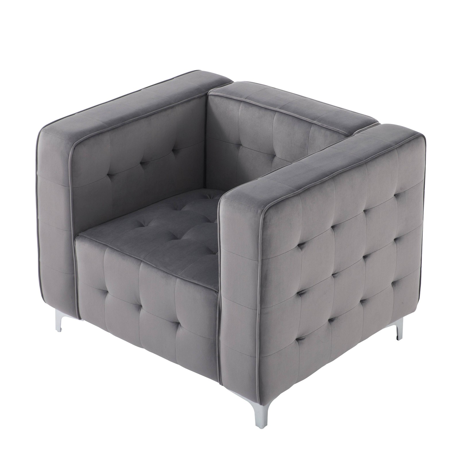 36.22" Gray Velvet Tufted Accent Chair Modern Solid Wood Frame Club Arm Chair