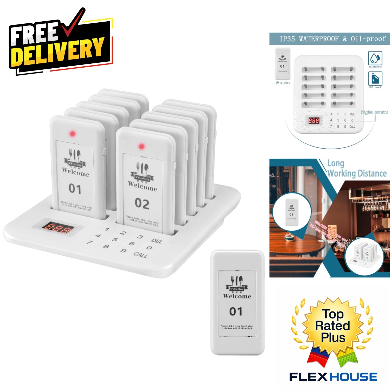 Versatile 10-Channel Restaurant Buzzers - Vibration, Flashing & Buzzer Modes