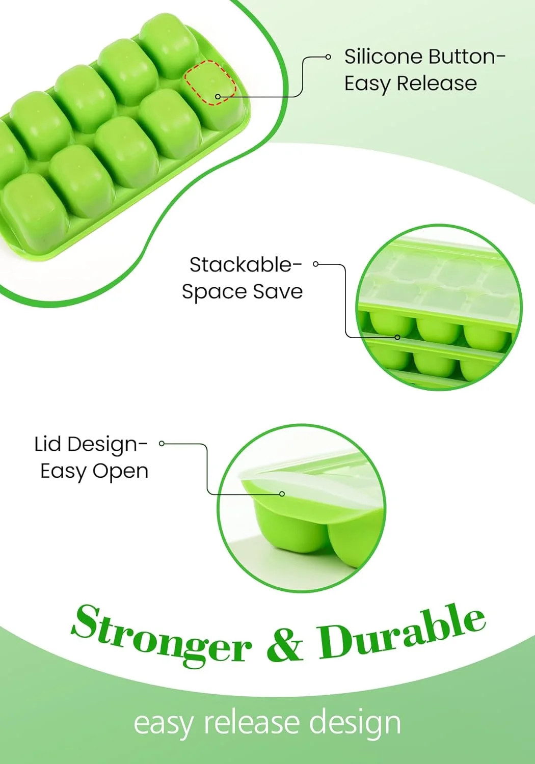 DOQAUS Ice Cube Tray with Lid and Bin - 4 Pack Ice Bucket Kits, Stackable Silico