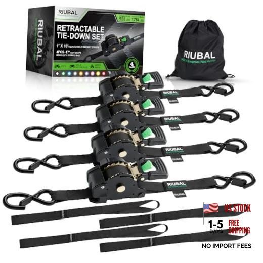Retractable Ratchet Straps (4-Pack) - 1 Inch x (1,764lb Break 10 Feet Black