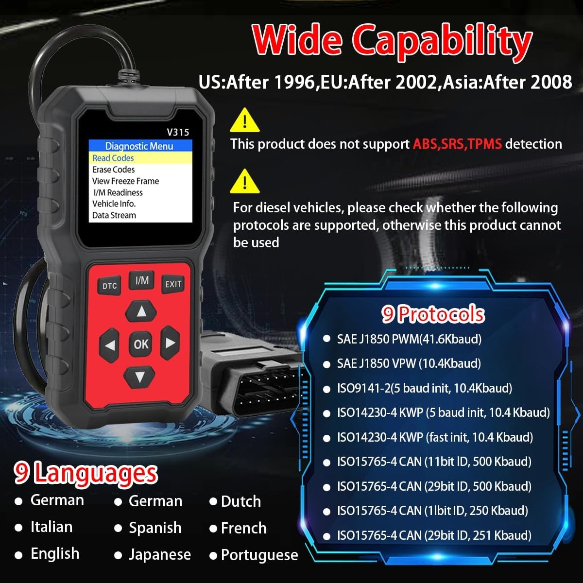 V315 OBD2 Diagnostic Diagnostic Tool Tool, Code Reader, Engine Light Diagnostic
