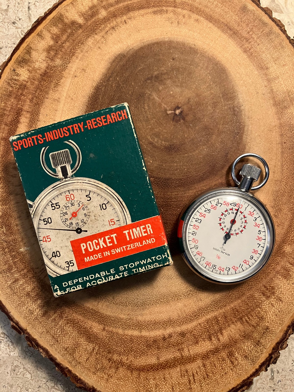 Unichron 1/10 1960's Mechanical Pocket Stopwatch Swiss Made  Running
