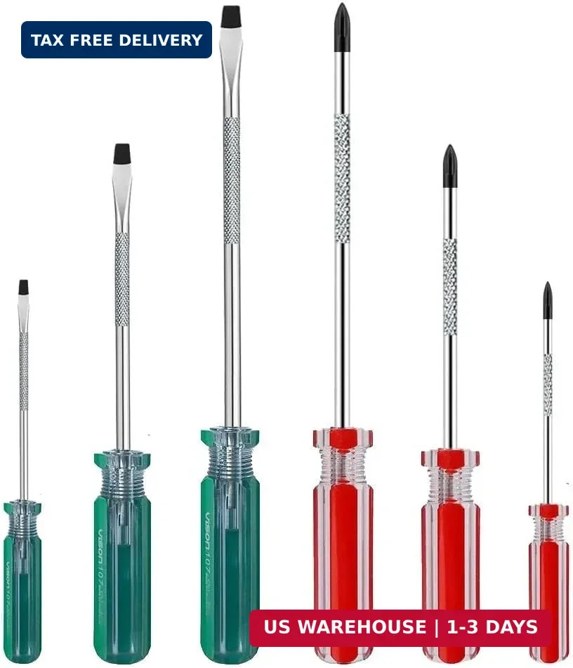 6-Piece Magnetic Screwdriver Set, 3 Phillips and 3 Flat, Professional Non-Slip G