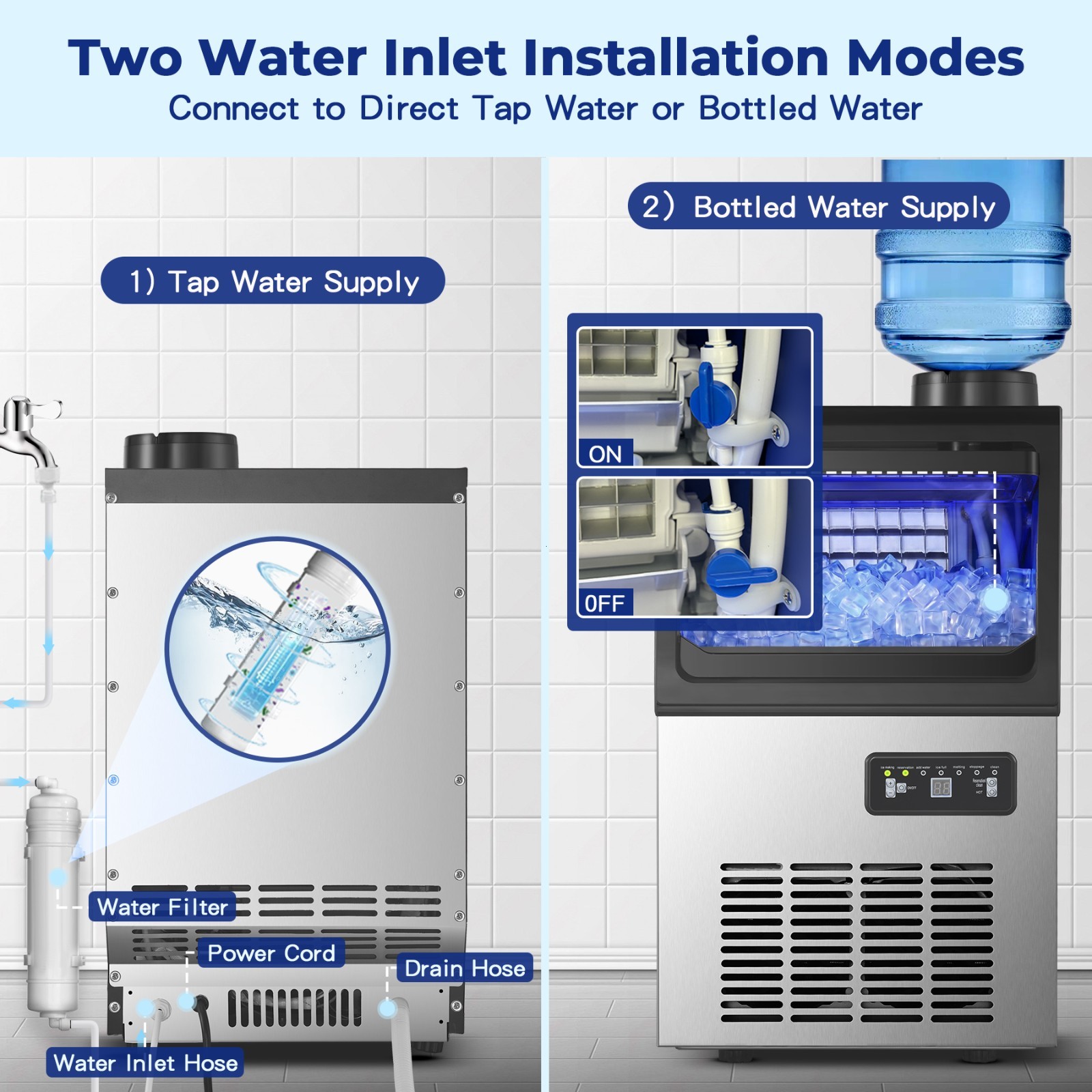 Commercial Ice Machine 90lbs Daliy18lbs Storage Stainless Steel Control Panel