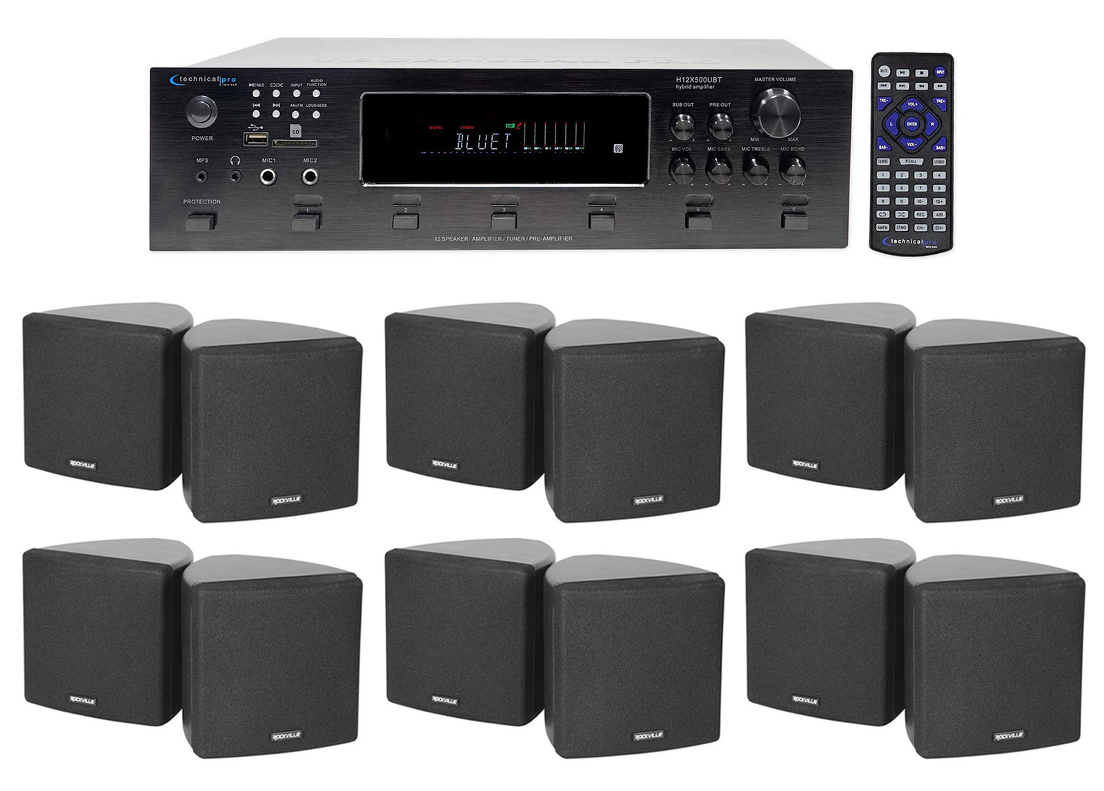 Technical Pro H12X500UBT 6-Zone Home Theater Receiver+(12) Black Cube Speakers