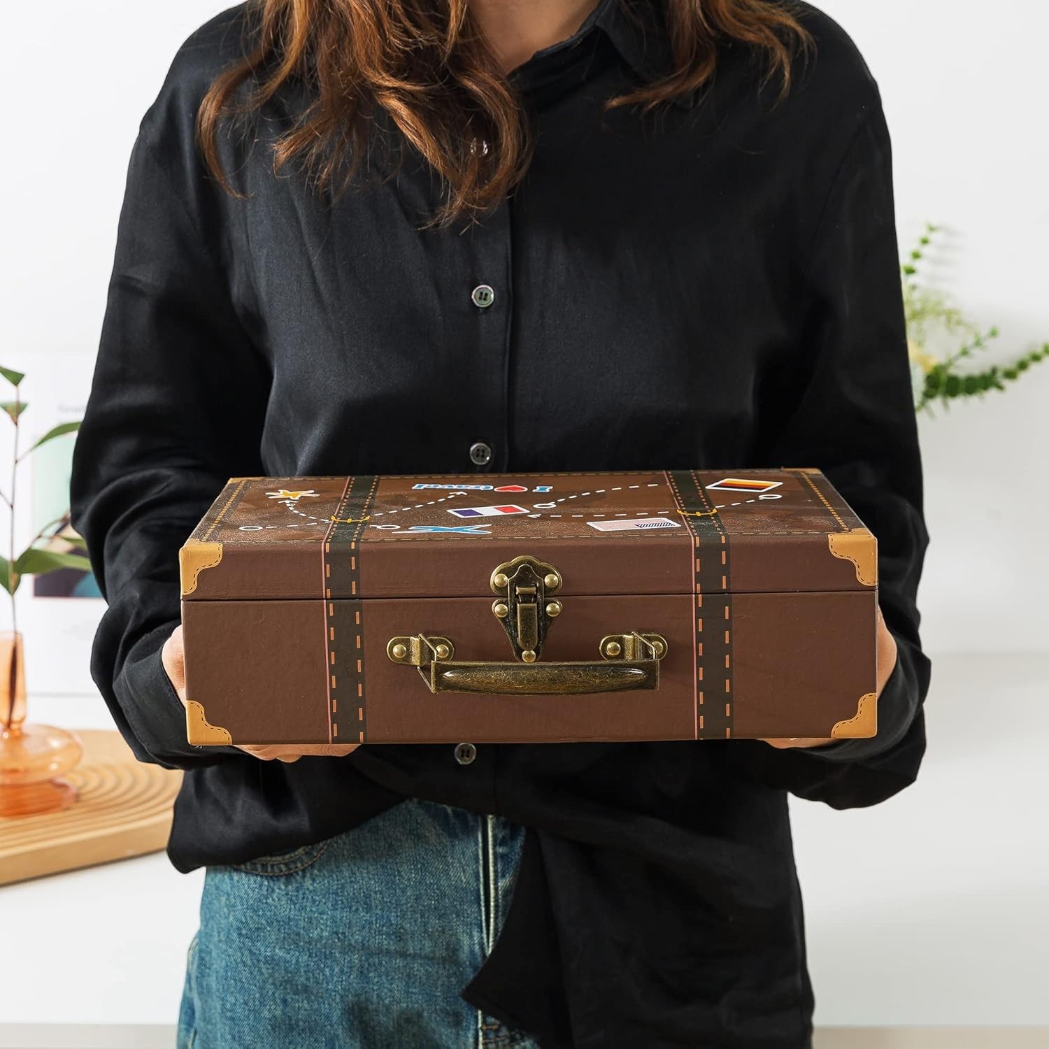 3 Vintage Decorative Suitcases Trunk Retro Wood Leather Antique Storage