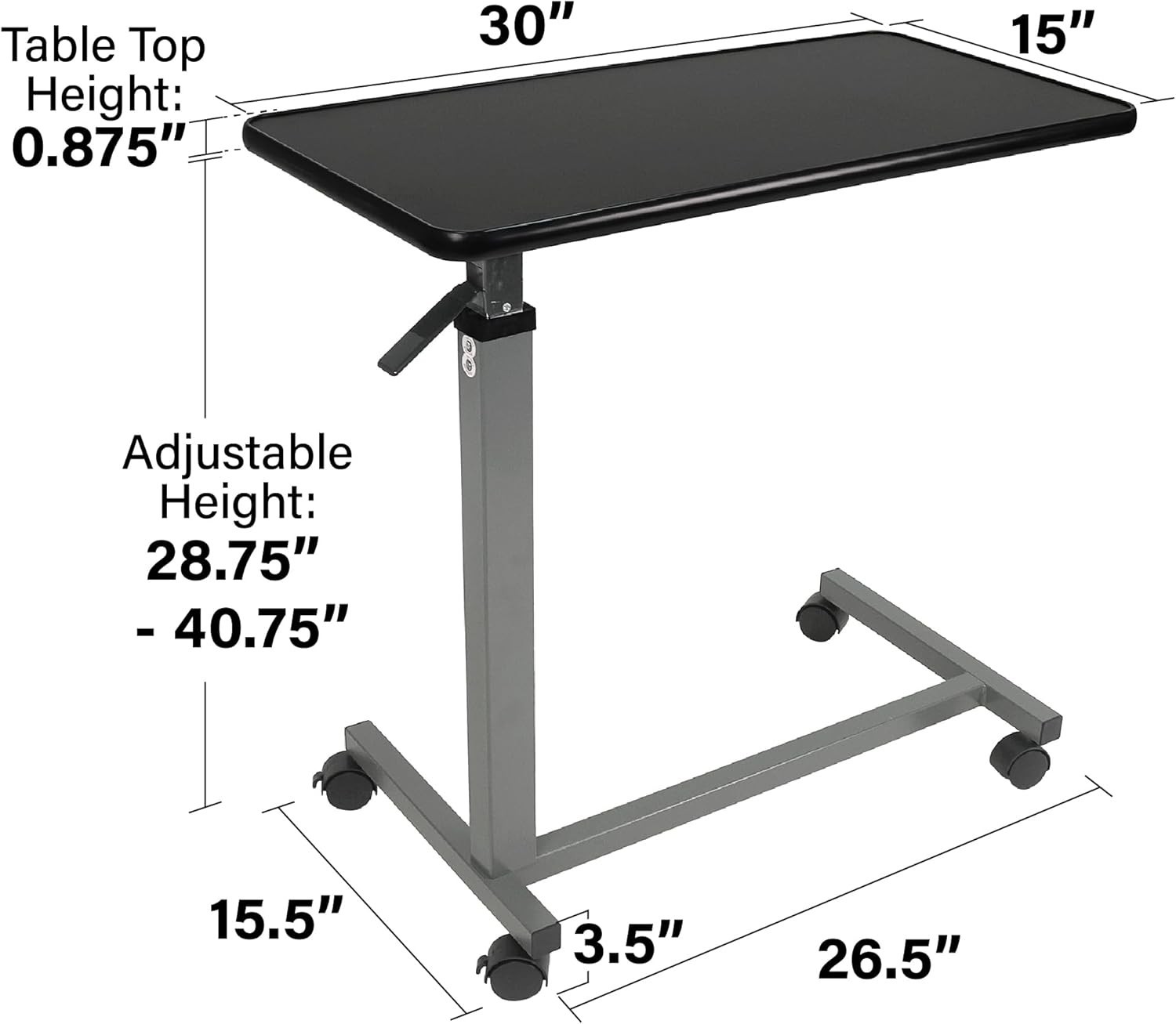 Vaunn Medical Adjustable Overbed Bedside Table with Wheels Black