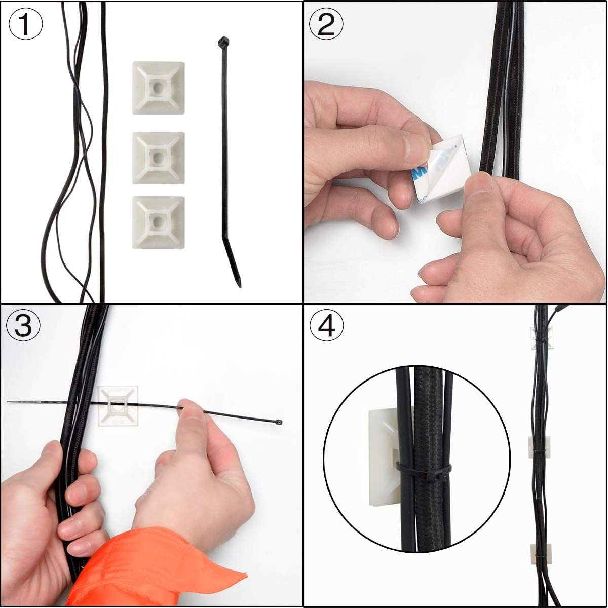 100 PCS 3/4" Black Self Adhesive Cable Zip Tie Mounts Wire Cable Clips Holders M