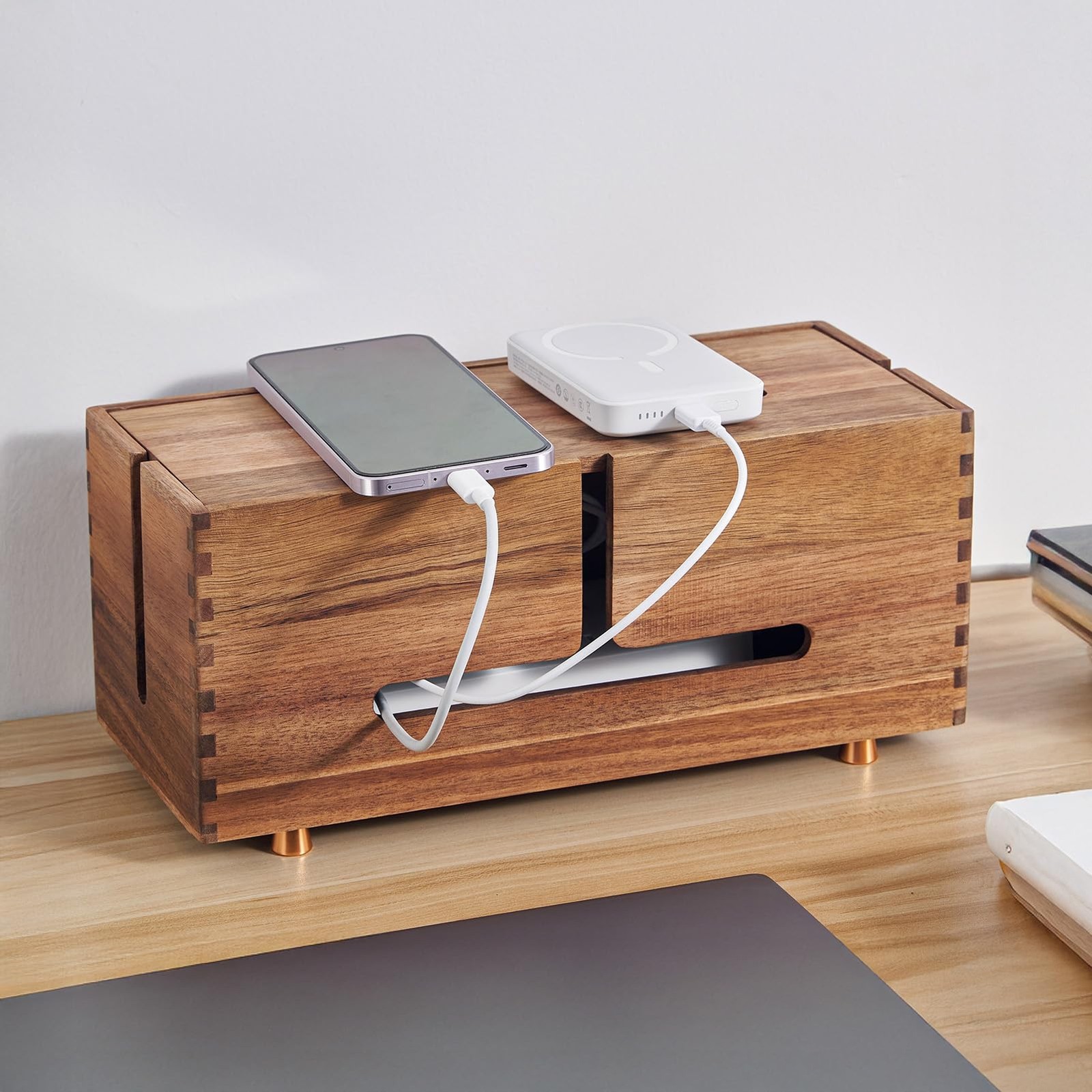 New Best Acacia Wood Cable Management Box - Wooden Cord Hider with 4 Metal Feet