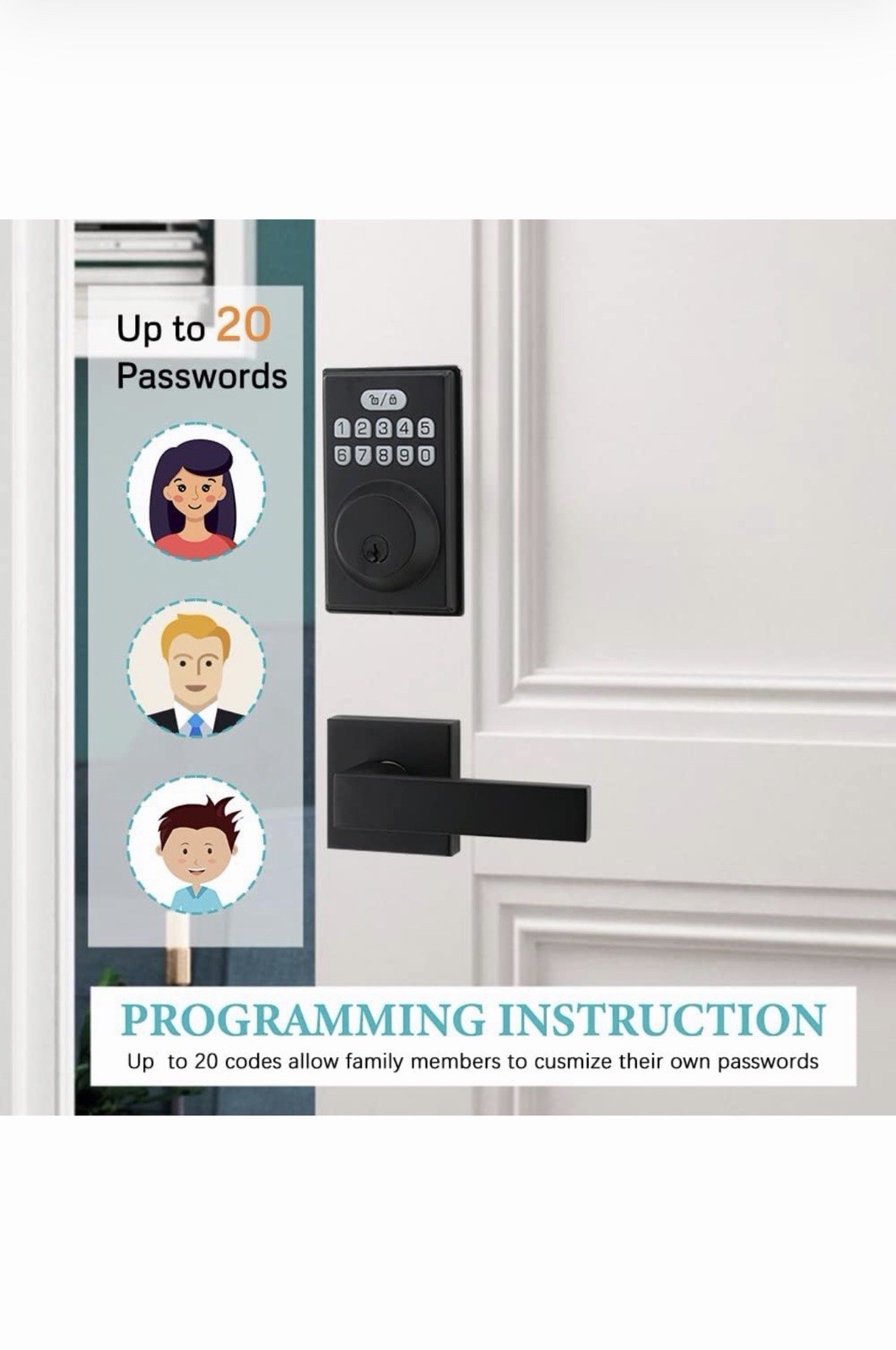 Combination Keypad Smart Door Lock Auto Re-Lock 20 User Codes Keyless Black