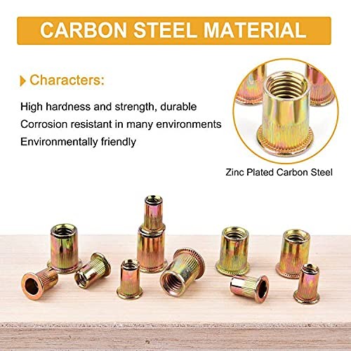 150pcs Carbon Steel Rivet Nuts Kit, UNC Threaded Inserts, Yellow Zinc Finish