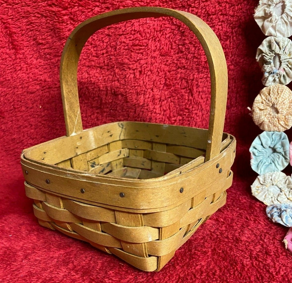 Vtg Longaberger Small Square Basket with Handle Stamped Name and 2003 Bottom