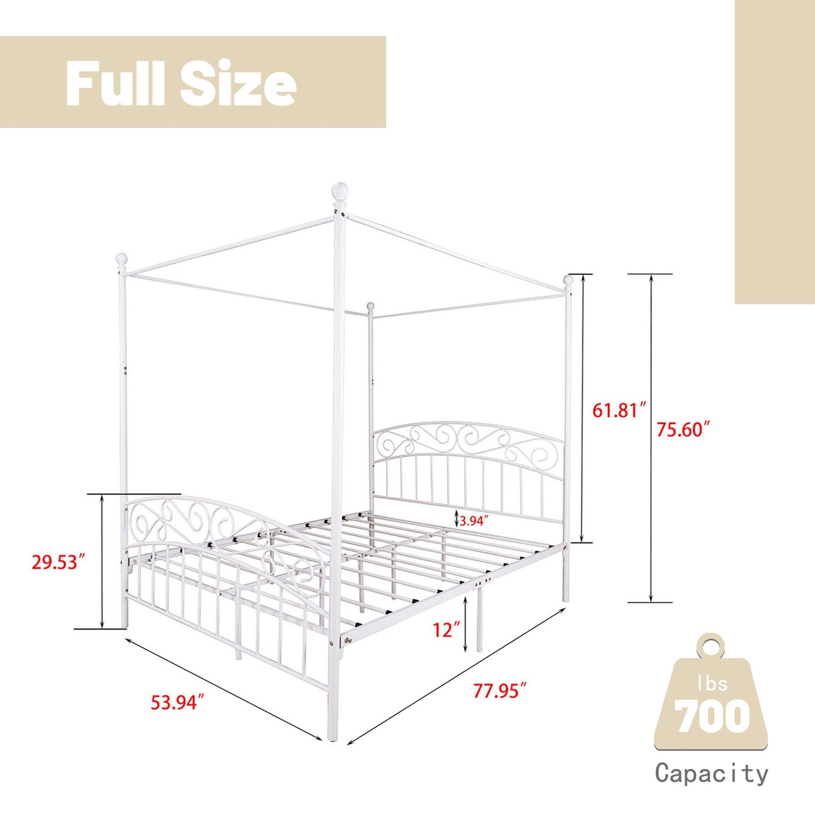 Industrial Metal Platform Canopy Bed Frame Full size with Easy Assembly