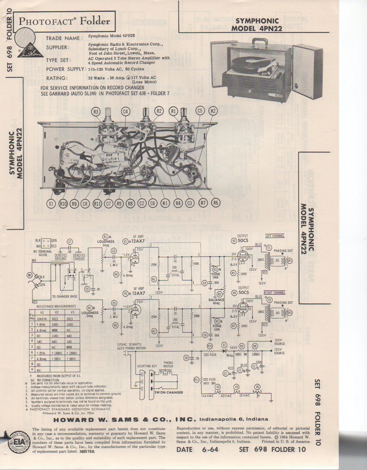 1964 SYMPHONIC 4PN22 RECORD PLAYER CHANGER AMPLIFIER SERVICE MANUAL PHOTOFACT