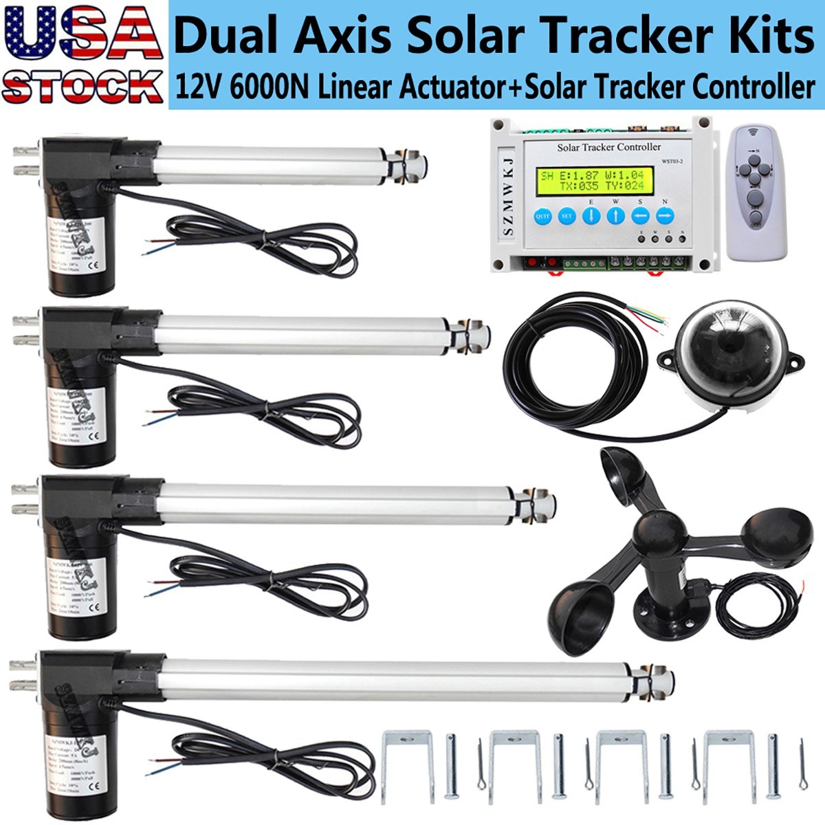 6000N Dual Axis Solar Panel Tracker Controller W/ Linear Actuator Anemometer Kit