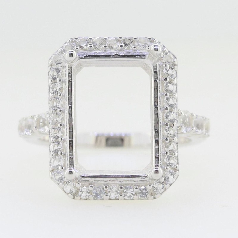 925 Sterling Silver 14x10mm Emerald Cut Semi Mount Wedding Ring Pavé Halo Ring