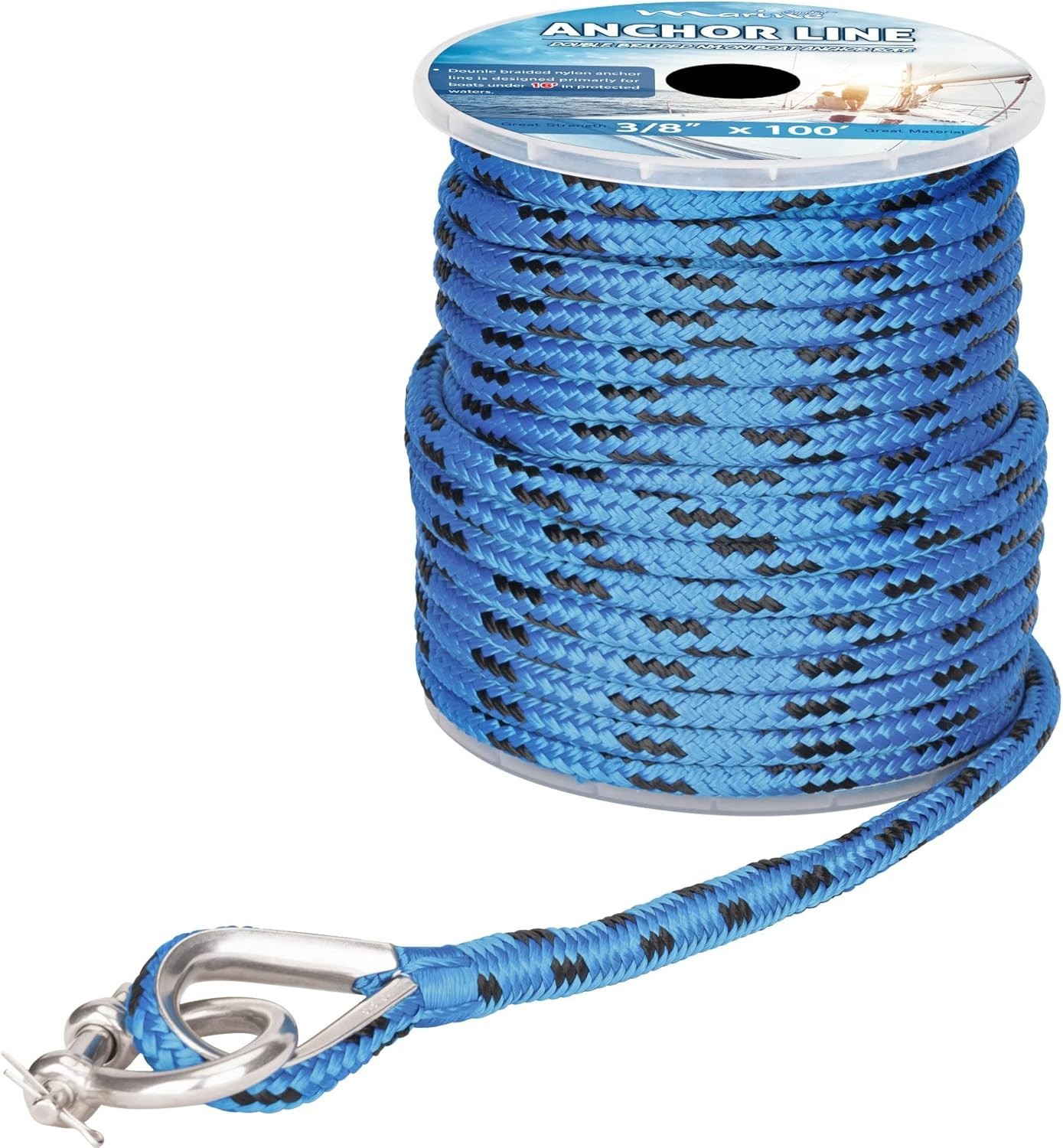 3/8 Inch x 150 FT Blue Black Nylon Anchor Line Double Braided Rope Stainless