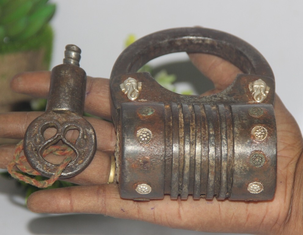Antique Iron Silver Fitted God Ganesha Engraved Solid Lock With 1Key Handcrafted