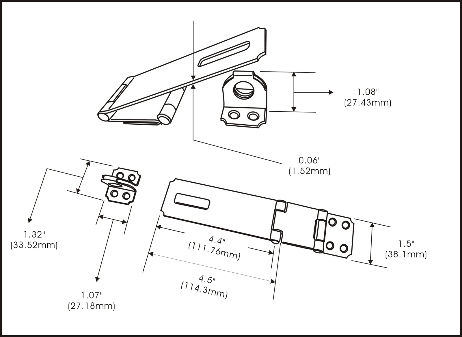 Double Hinge HASP and Fixed Staple, 4-1/2", Steel, Black, 2 Pack