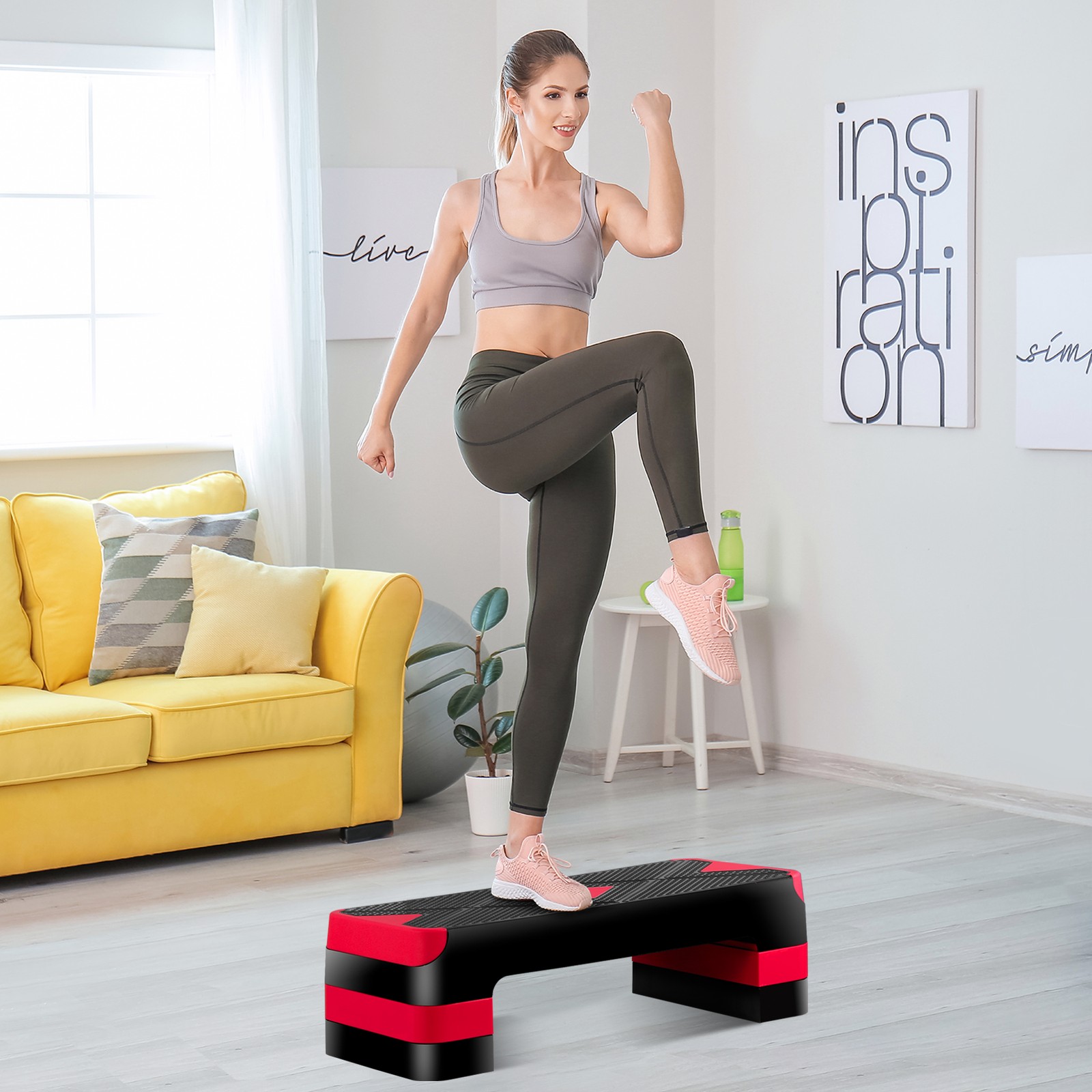 Aerobic Step Platform w/Adjustable 3-Level Risers Non-Slip Exercise Stepper Red