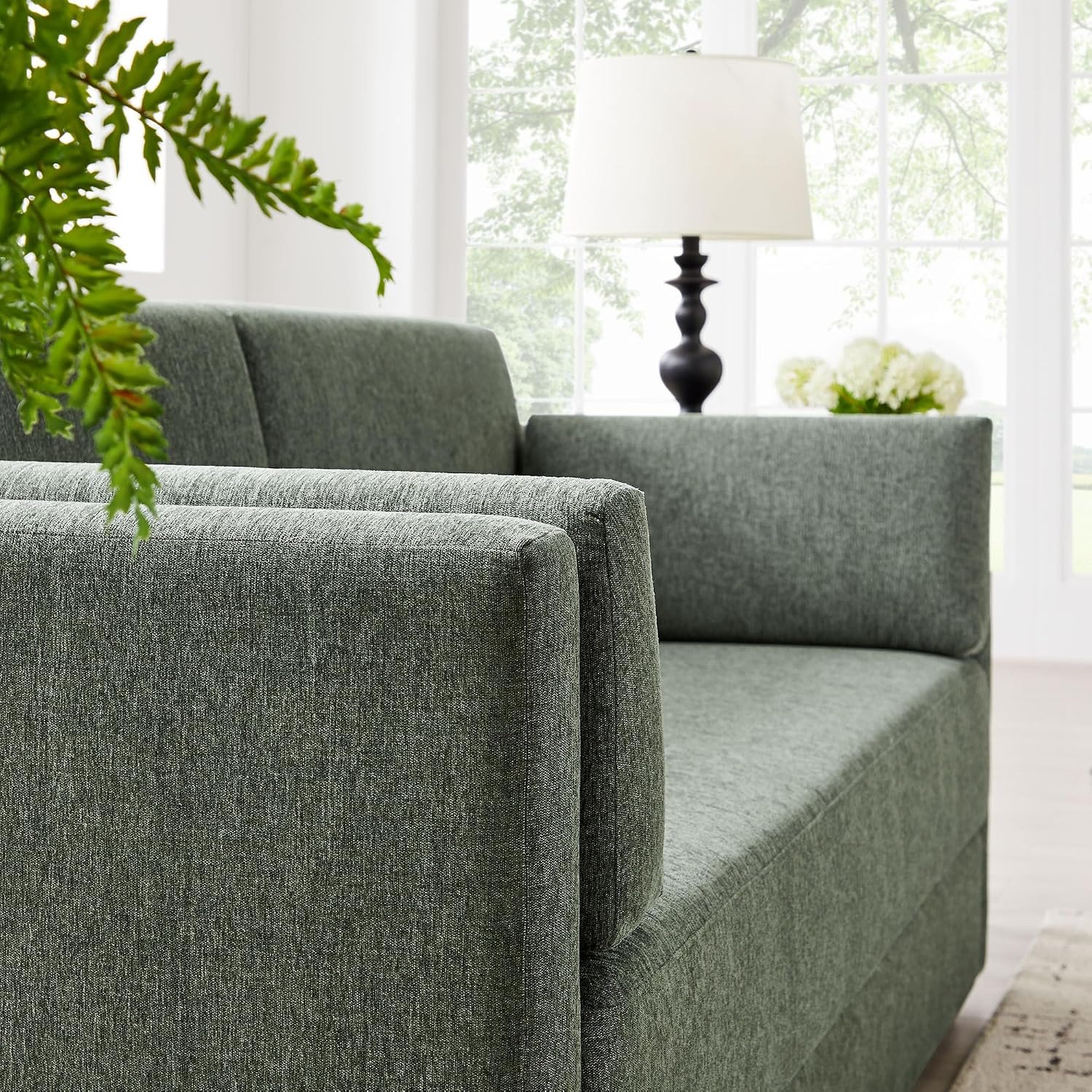 Linden 73 Inch Heathered Chenille Upholstered Sofa in Eucalyptus