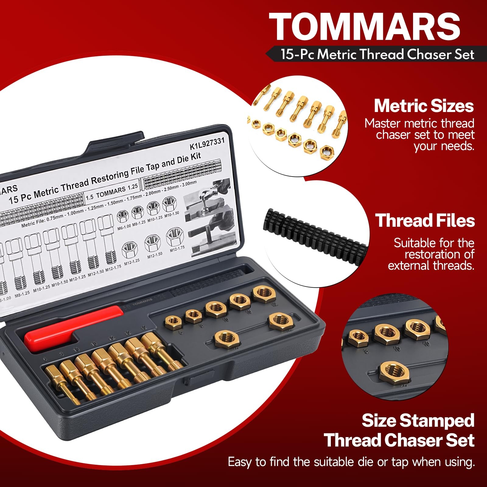 TOMMARS 15-Piece Metric Thread Chaser Set, M6 M8 M10 M12