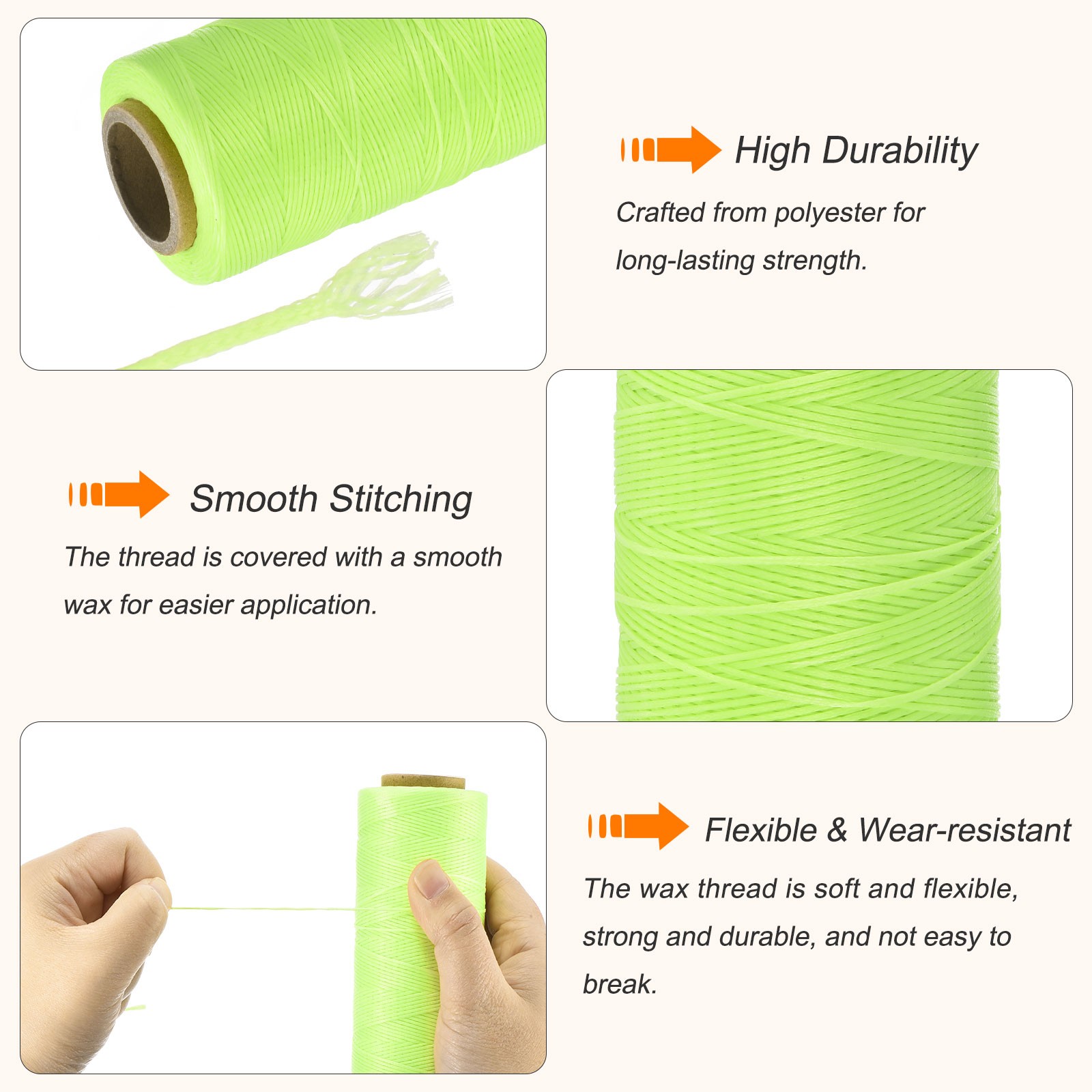 284 Yard 0.8mm 150D Flat Waxed Thread Polyester, Fluorescent Green