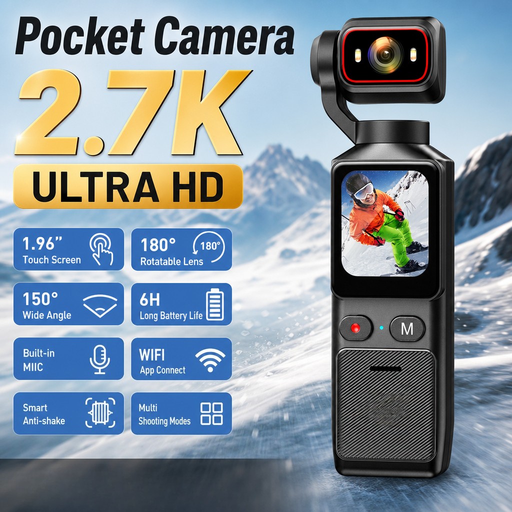 2.7K Pocket Camera 1.96" WiFi Action Cam 180° Rotatable Len For Ride Snow Travel