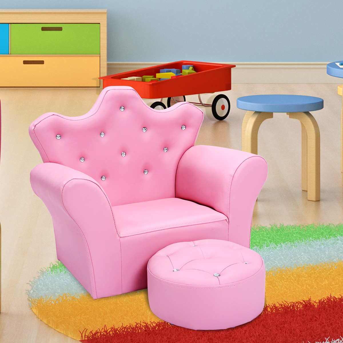Pink Kids Sofa Armrest Chair Couch w/Ottoman for Children Toddler Christmas Gift