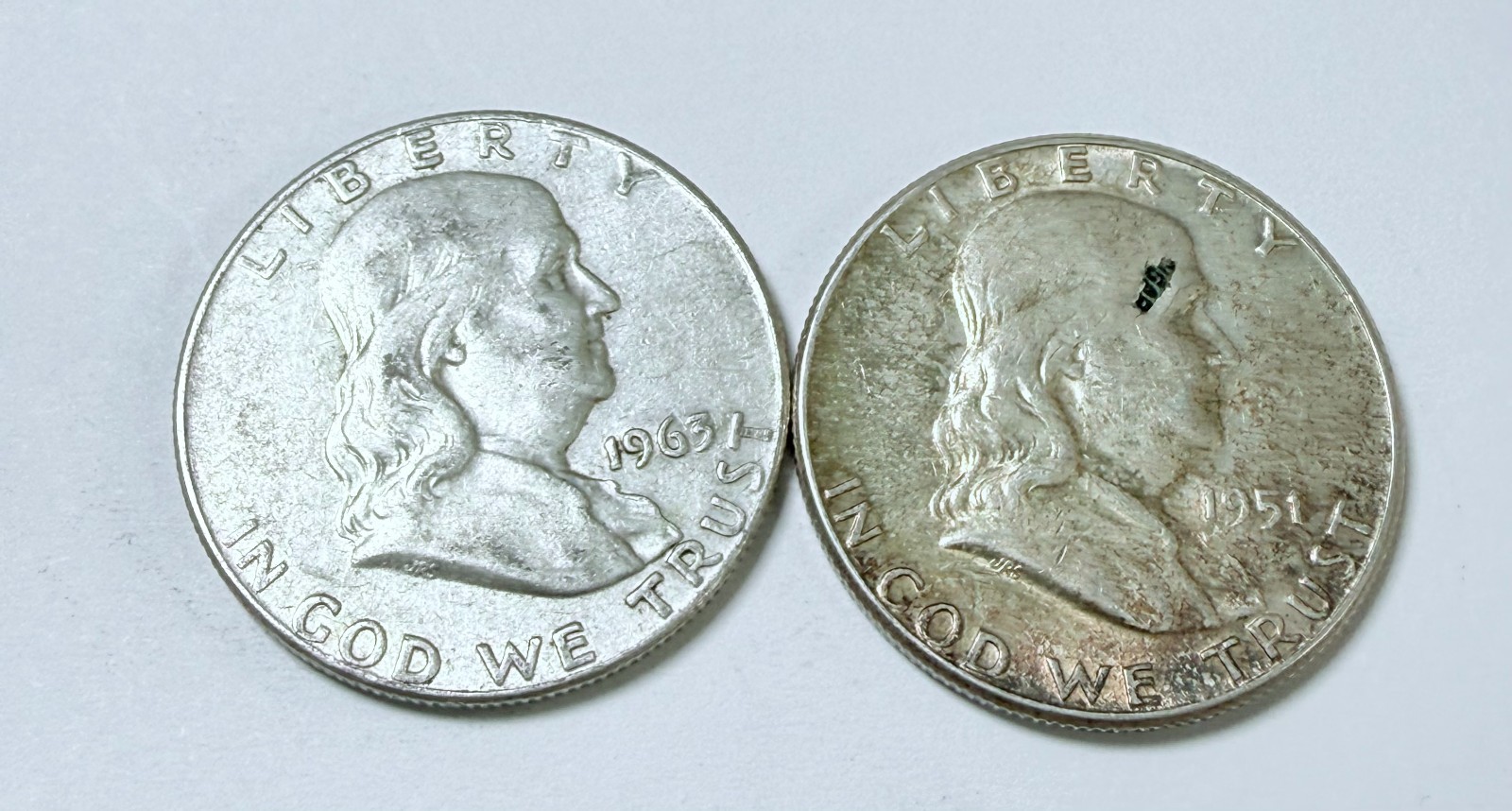 FRANKLIN SILVER HALF DOLLARS LOT OF 2, 90% SILVER CIRCULATED COINS  #10918