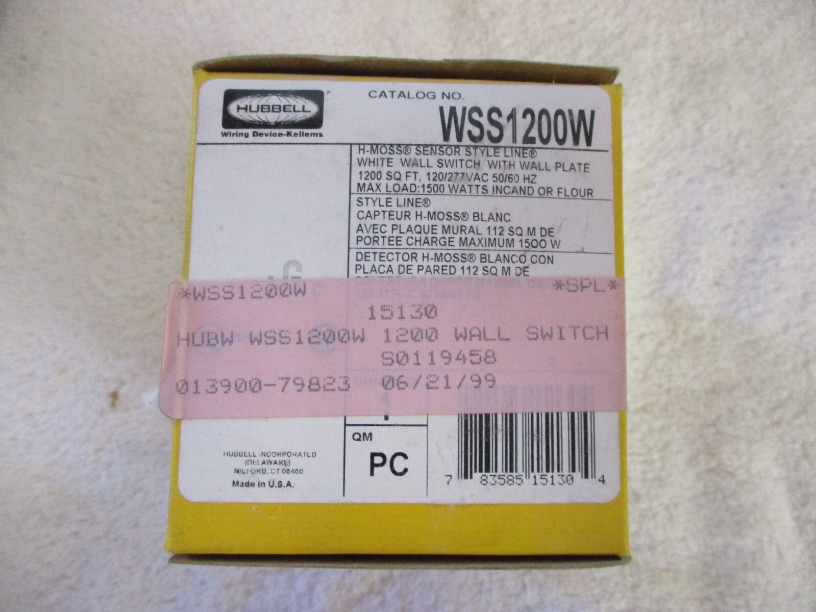 NIB HUBBELL H-MOSS Sensor Style Line White Wall Switch WSS1200W