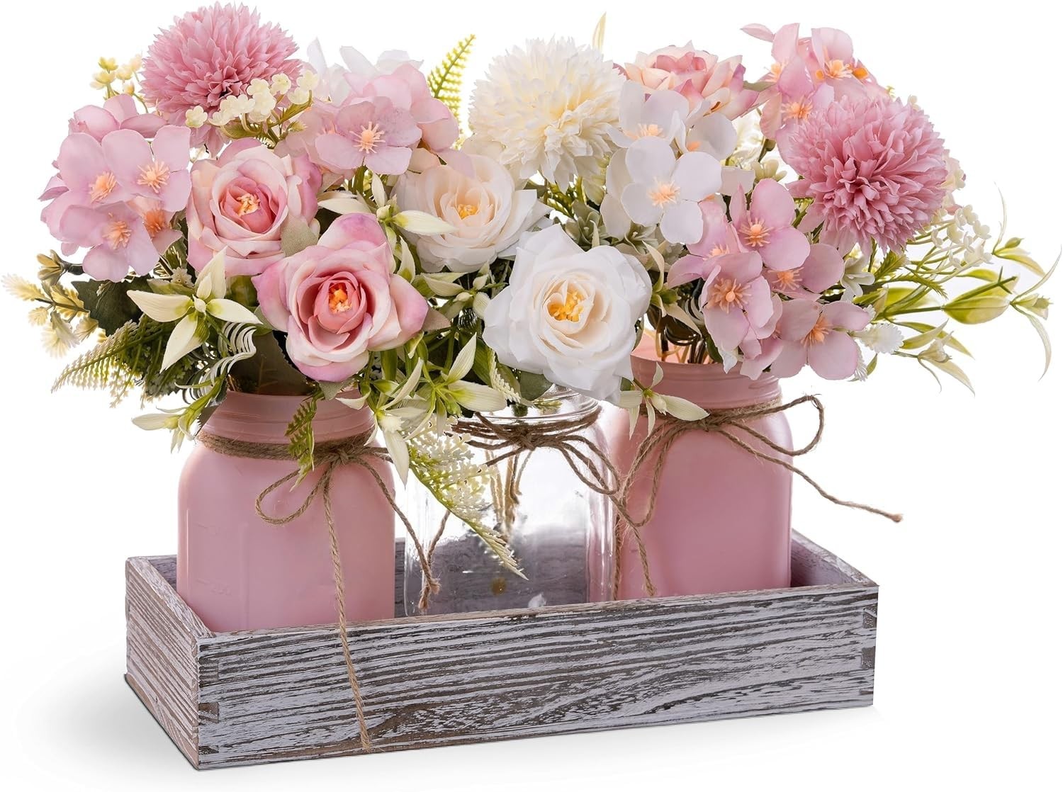 LUEUR Mason Jar Lights Centerpiece with 13"D x 4"W x 13"H, Pink & White Rose