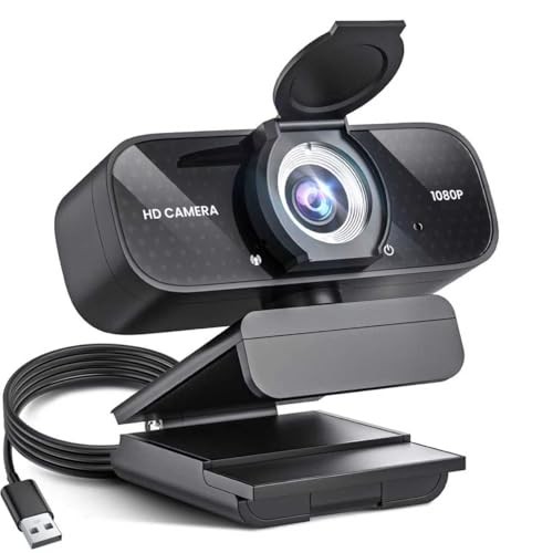 1080P HD Webcam with Noise-Canceling Mic, Auto Light Correction, Deep Black