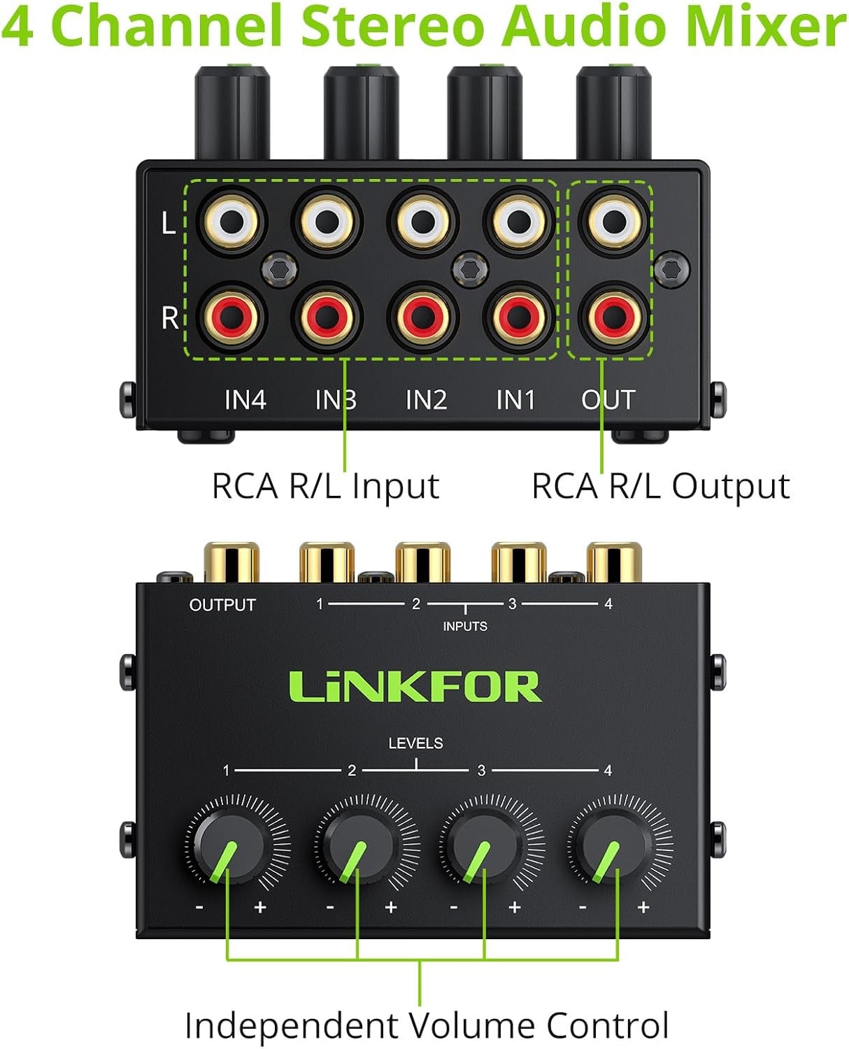 4 Channel Stereo Audio Mixer Mini Passive RCA Input Output with Volume Control