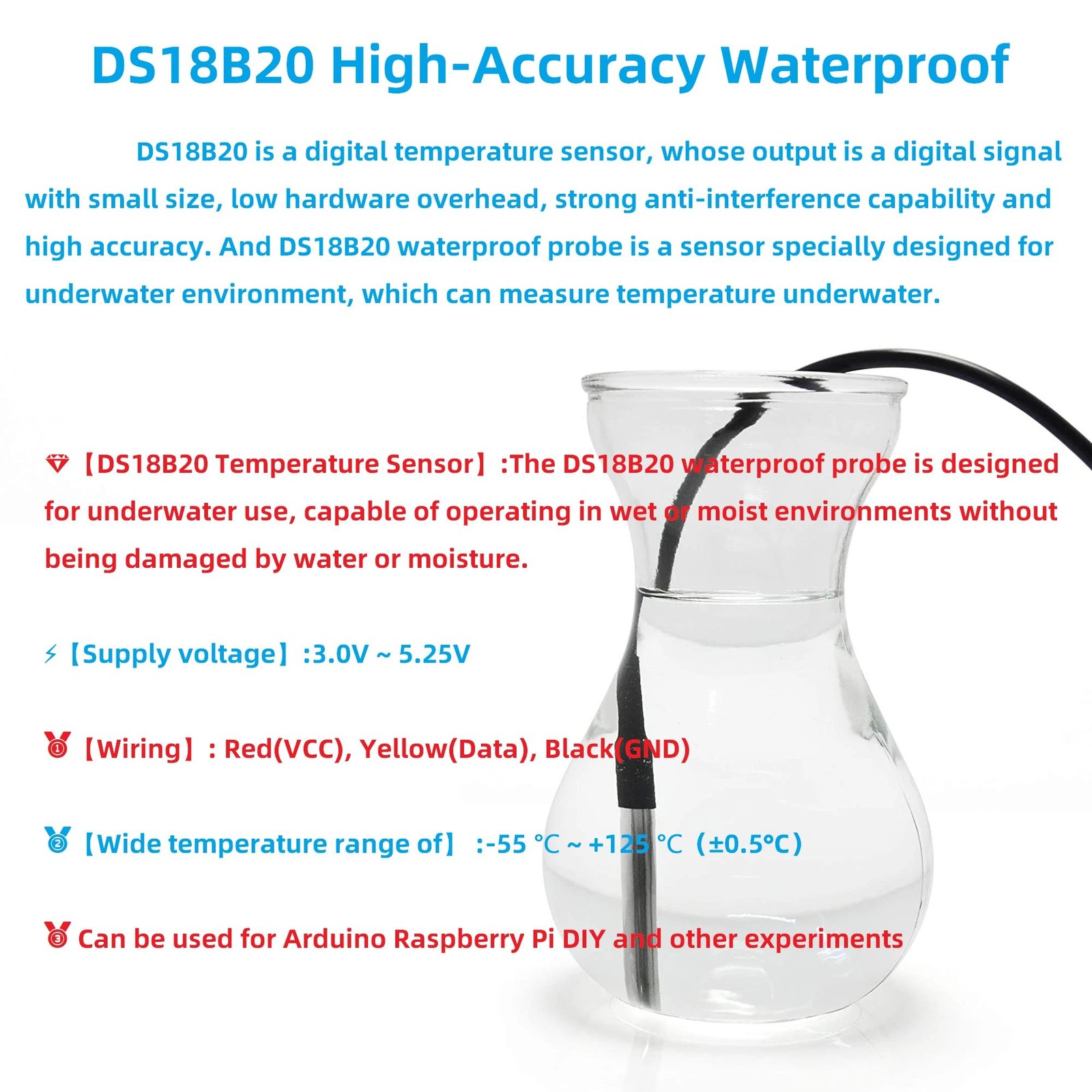 WWZMDiB 5 Pcs DS18B20 Temperature Sensor Probe High-Accuracy Waterproof...