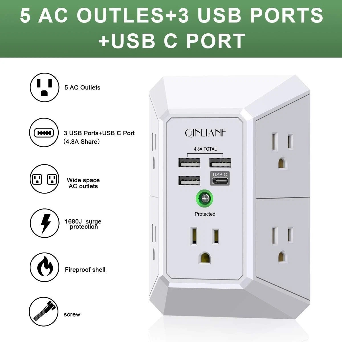 5 Outlet Extender Surge Protector Multi Plug Wall Adapter USB Charger Ports with
