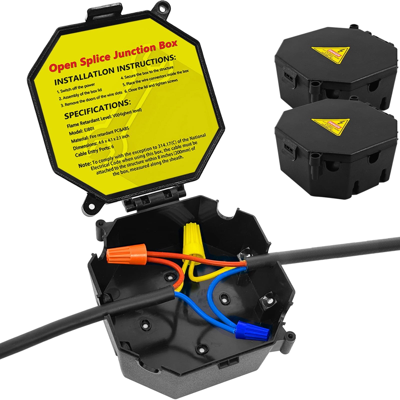 MIARALA Black Open Splice Junction Box (2 Pack), Electrical Splice Box Wire J...