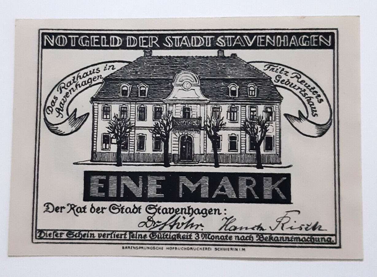 STAVENHAGEN NOTGELD 1 MARK 1921 EMERGENCY MONEY GERMANY BANKNOTE (27772)
